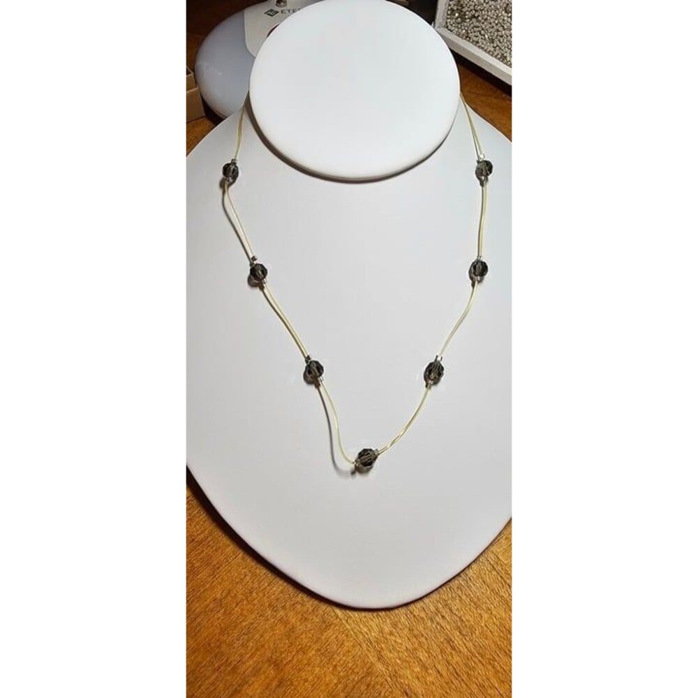 Smoky Grey Facet Cut Glass Bead Station Choker Necklace 925 Springring Clasp 14"